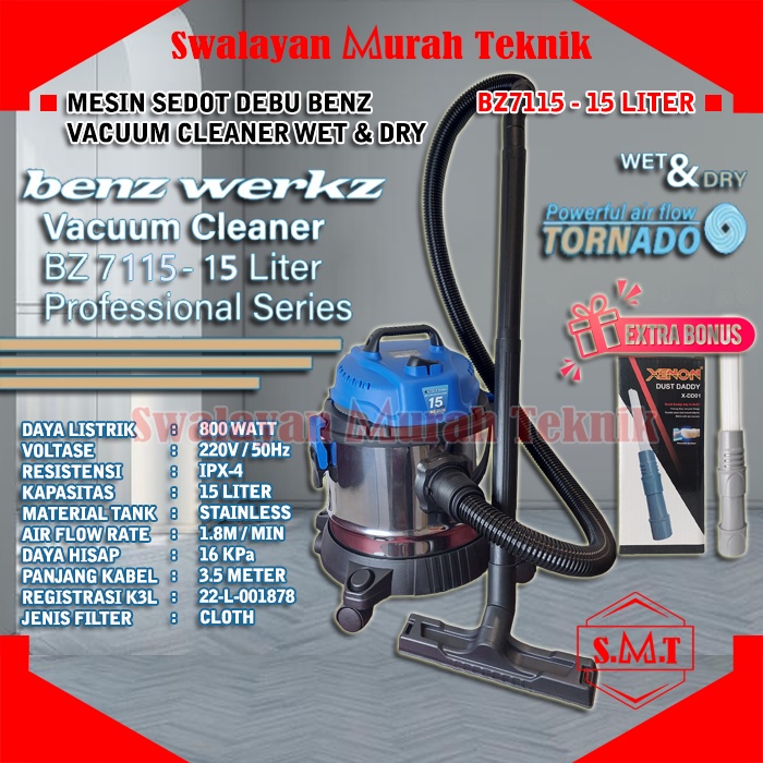 Vacuum Cleaner Wet Dry Blow 15L BENZ BZ7115 Sedot Debu Basah Kering Tiup Stainless Tank