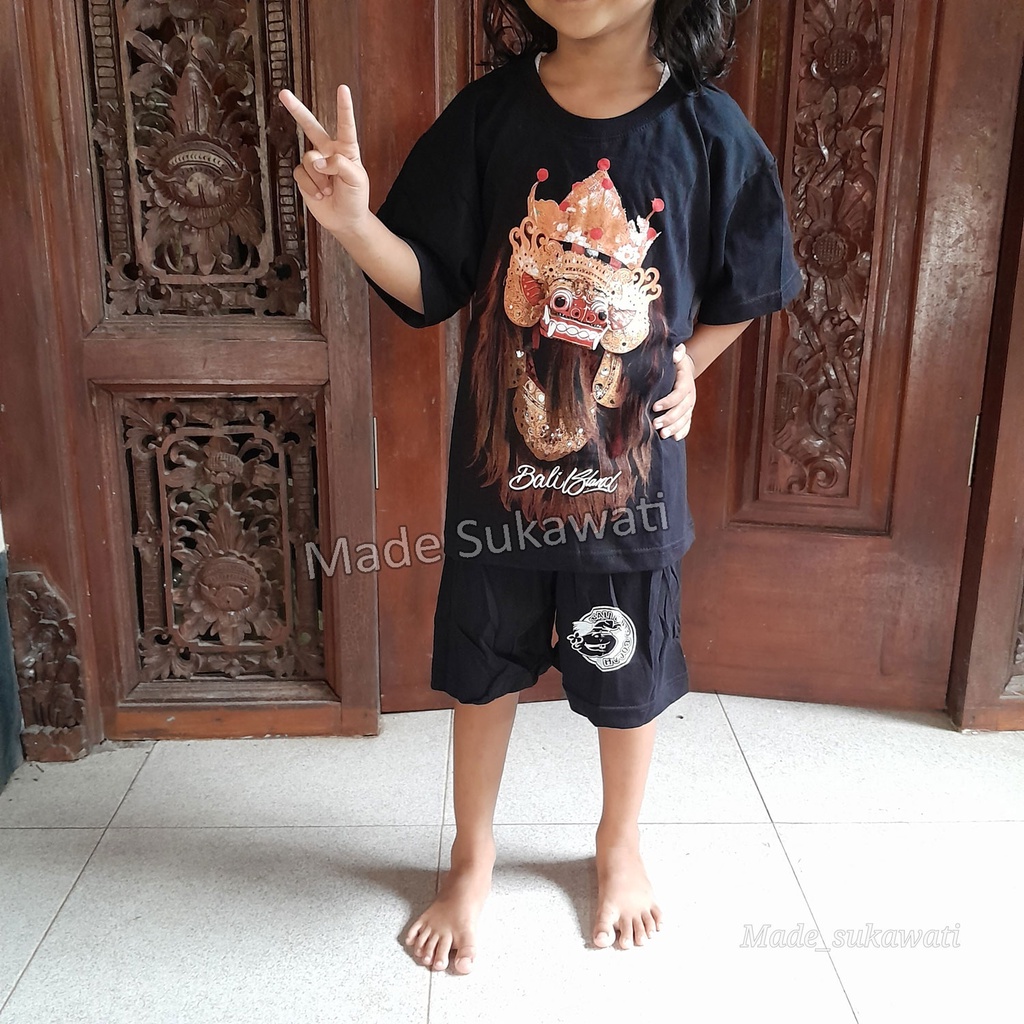 Setelan baju kaos celana anak Katun Barong Rangda Bali Lonto Bocah