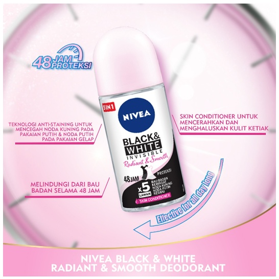 NIVEA Deodorant WOMAN Black &amp; White Invisible | Clear | Radiant &amp; Smooth | Roll On 50 mL