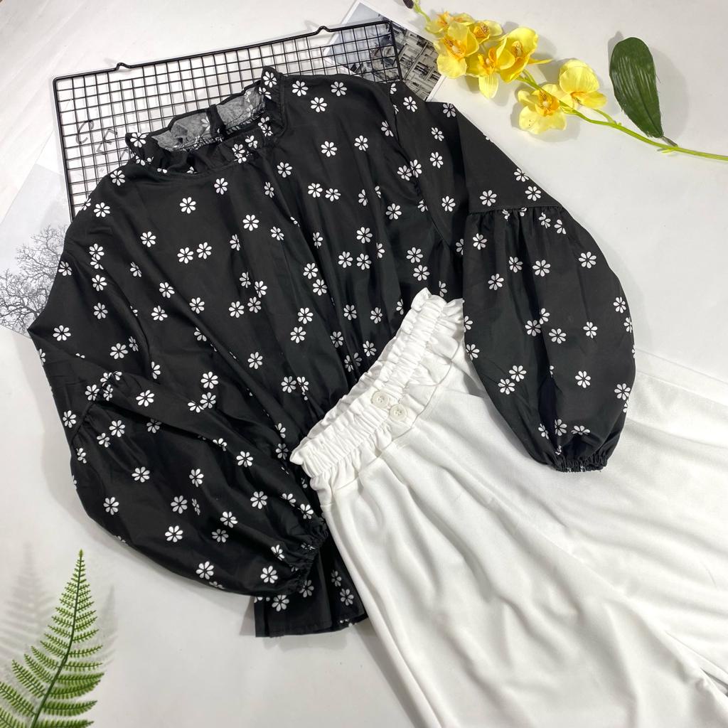 IL - SETELAN BYTHA MOTIF BUNGA TERBARU / ONE SET KULOT BUTTON 2 KANCING BAHAN CREPE PREMIUM-BYTHA HITAM+PUTIH