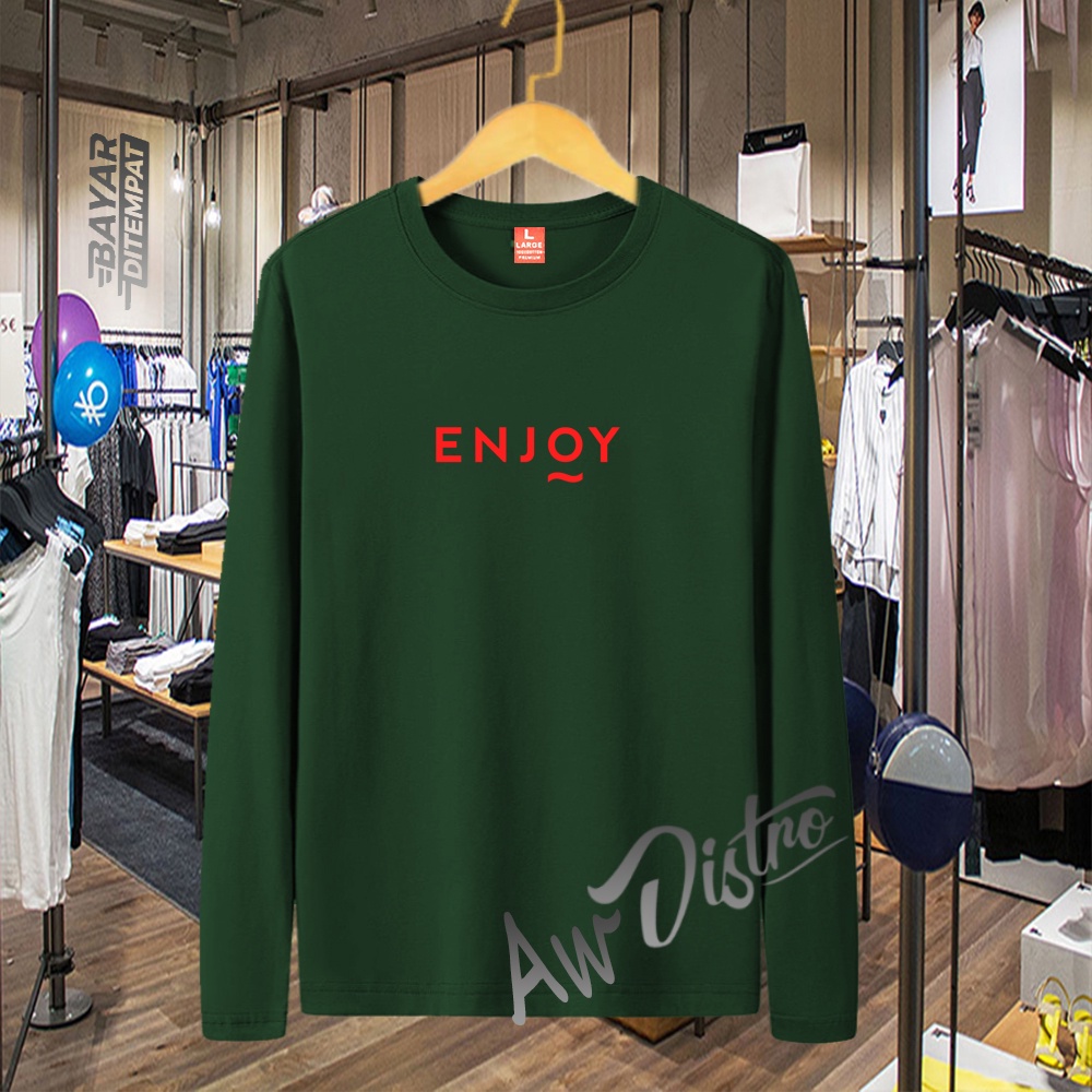 COD Baju Kaos Distro Enjoy Text Merah Premium Quality Lengan Panjang Kaos Tulisan Kaos Kata-Kata Kaos Sablon Big Size