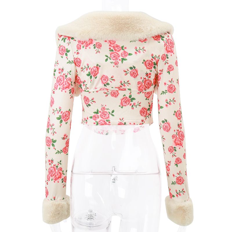 Red Xeemilo hot girl navel rose print vest top plush stitching long-sleeve vest fashion slim jacket