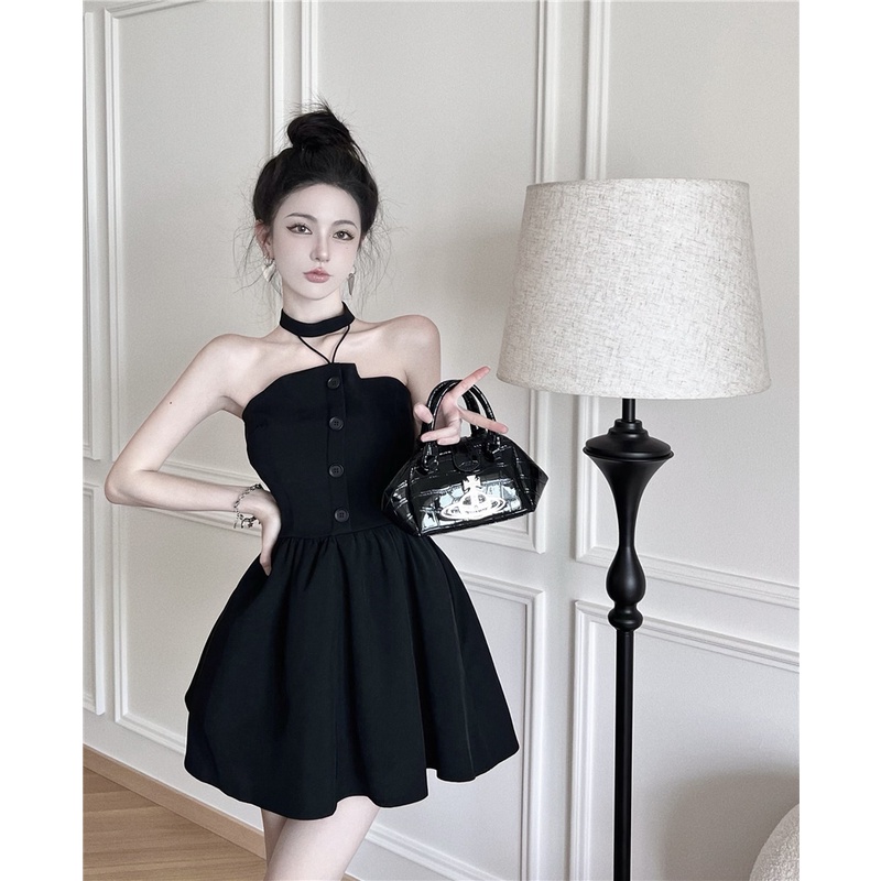 Red High-end sexy one-shoulder tube top halter neck dress wanita musim panas pinggang tinggi ramping tanpa lengan rok hitam berbulu