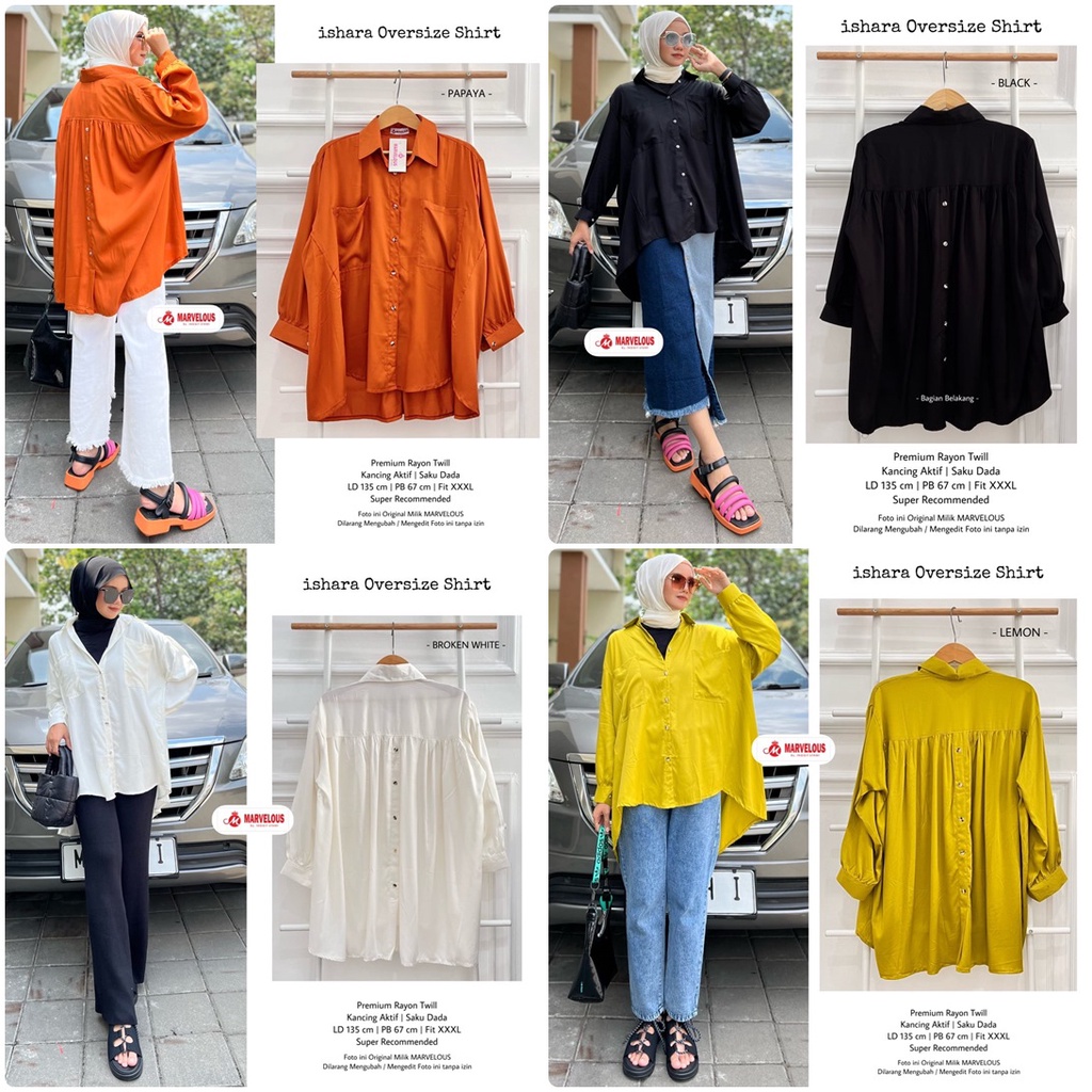 ISHARA OVERSIZE KEMEJA / 14.7 / BAHAN PREMIUM RAYON TWILL / LD 135 CM / PB 67 CM / ATASAN WANITA / ALLSIZE JUMBO / FIT XXXL / MARVELOUS