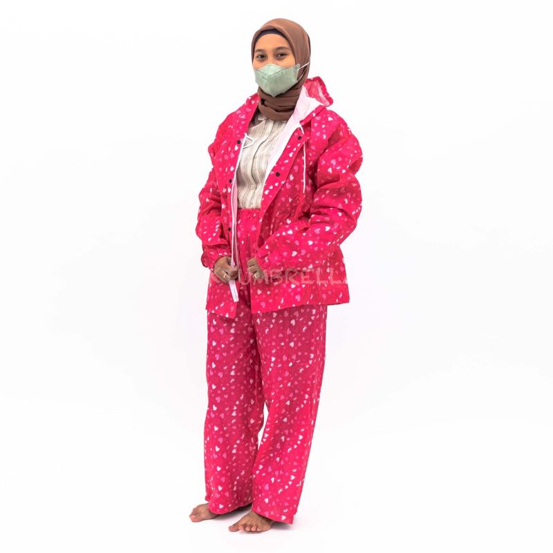 Jas hujan Stelan Jaket Celana Motif Love Polkadot Cute
