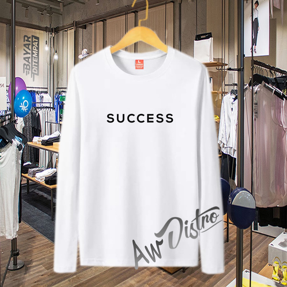 COD Baju Kaos Distro Success Text Hitam Premium Quality Lengan Panjang Kaos Tulisan Kaos Kata-Kata Kaos Sablon Big Size