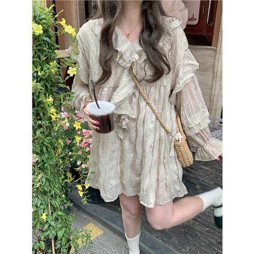 Red kumikumi ruffled V-neck long-sleeve dress women s spring loose all-match doll skirt short skirt