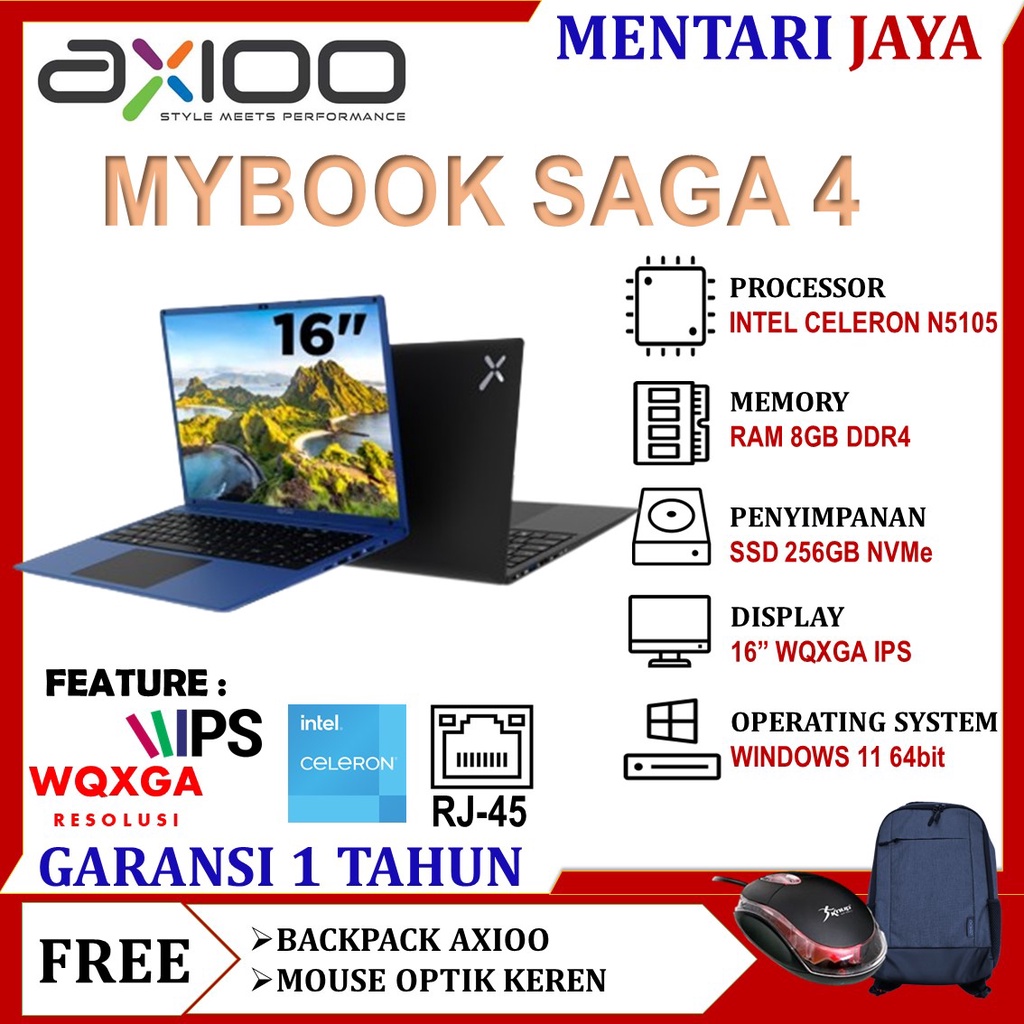 Laptop Murah Baru Axioo MyBook SAGA 4 INTEL N5105 RAM 8GB SSD 256GB 16 Inch IPs Win 11