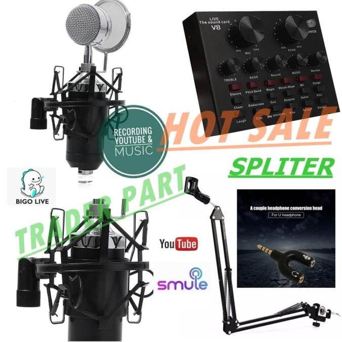 KOMPLIT MIC BM800 STAND Microphone BM 8000 SOUNDCARD MIXER V8 Spliter