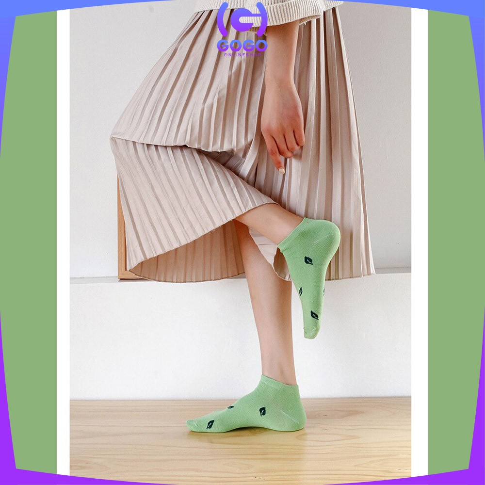 GOGO-P185 Kaos Kaki Semata Kaki Motif Daun Wanita Gaya Korea / Green Leaf Ankle Sock / Kaus Kaki Pendek Wanita Dewasa / Fashion Woman