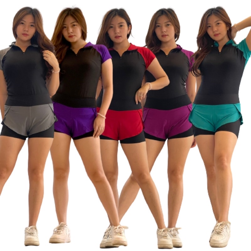 2 Pcs Setelan Kaos pendek resleting-Short layer (kombinasi hitam) | Setelann Baju Olahraga Wanita | 