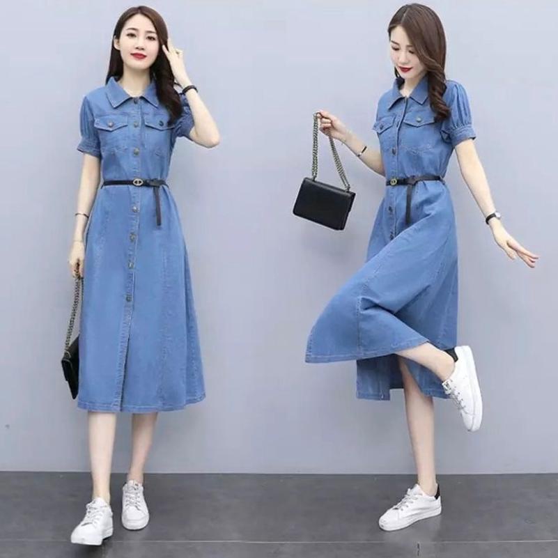 SALE TERBATAS DRESS JEANS WANITA LENGAN PENDEK / LONG TUNIK JEANS WANITA LENGAN PENDEK ( FREE BELT )