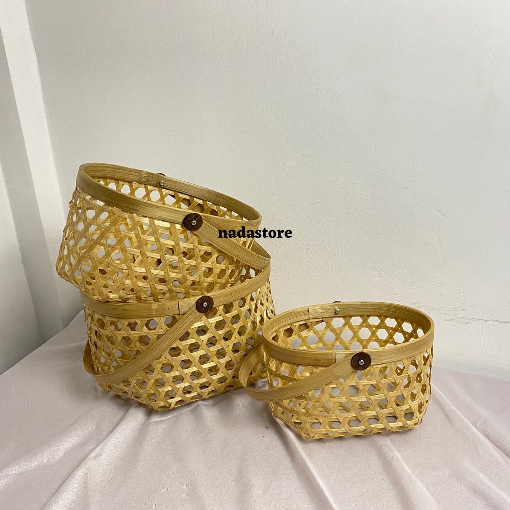 Keranjang Bamboo Hampers Bulat Oval Hexagonal Hantaran Pernikahan Buah Buahan, Tas bambu hampers