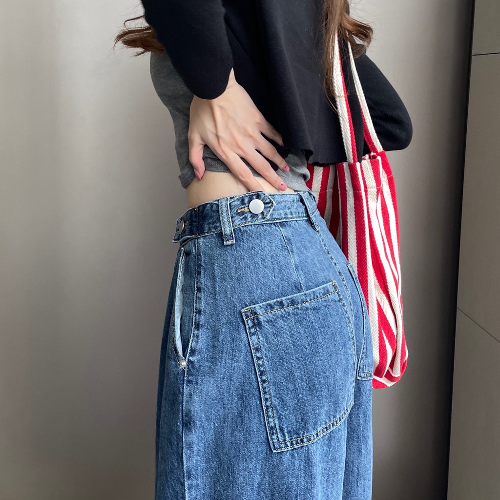 EUNII Celana Jeans Wanita Boyfriend Celana Panjang Straight Loose High Waist Jeans Korean Style