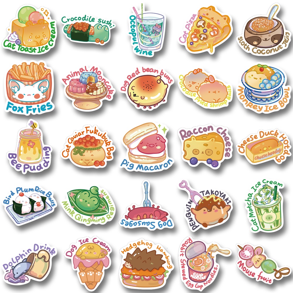 50pcs Cartoon Animal Food Cute Creative Decal Mobile Phone Water Cup Waterproof Decal