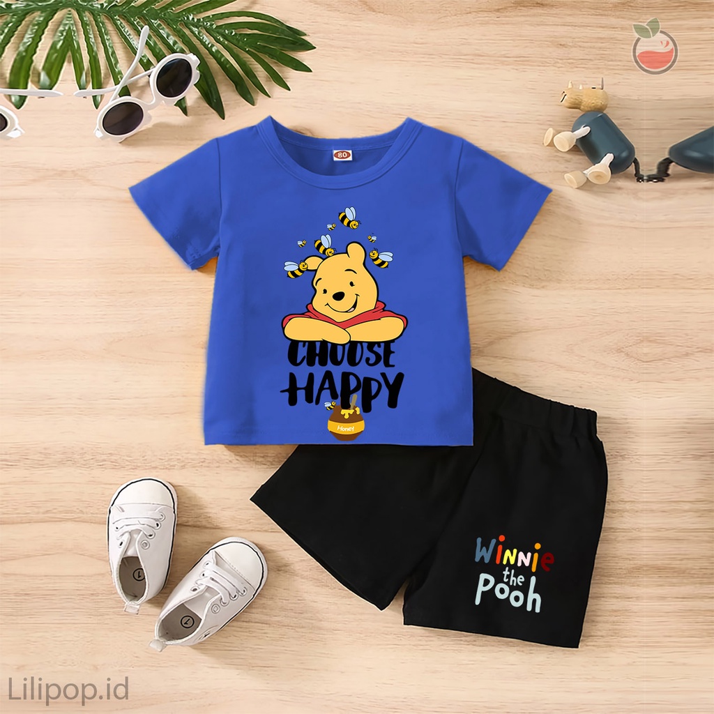 Baju Anak Stelan Kaos 3/4 POOH DISNEY Cowok Cewek  Usia 1 - 4 Tahun Celana Pendek Harian