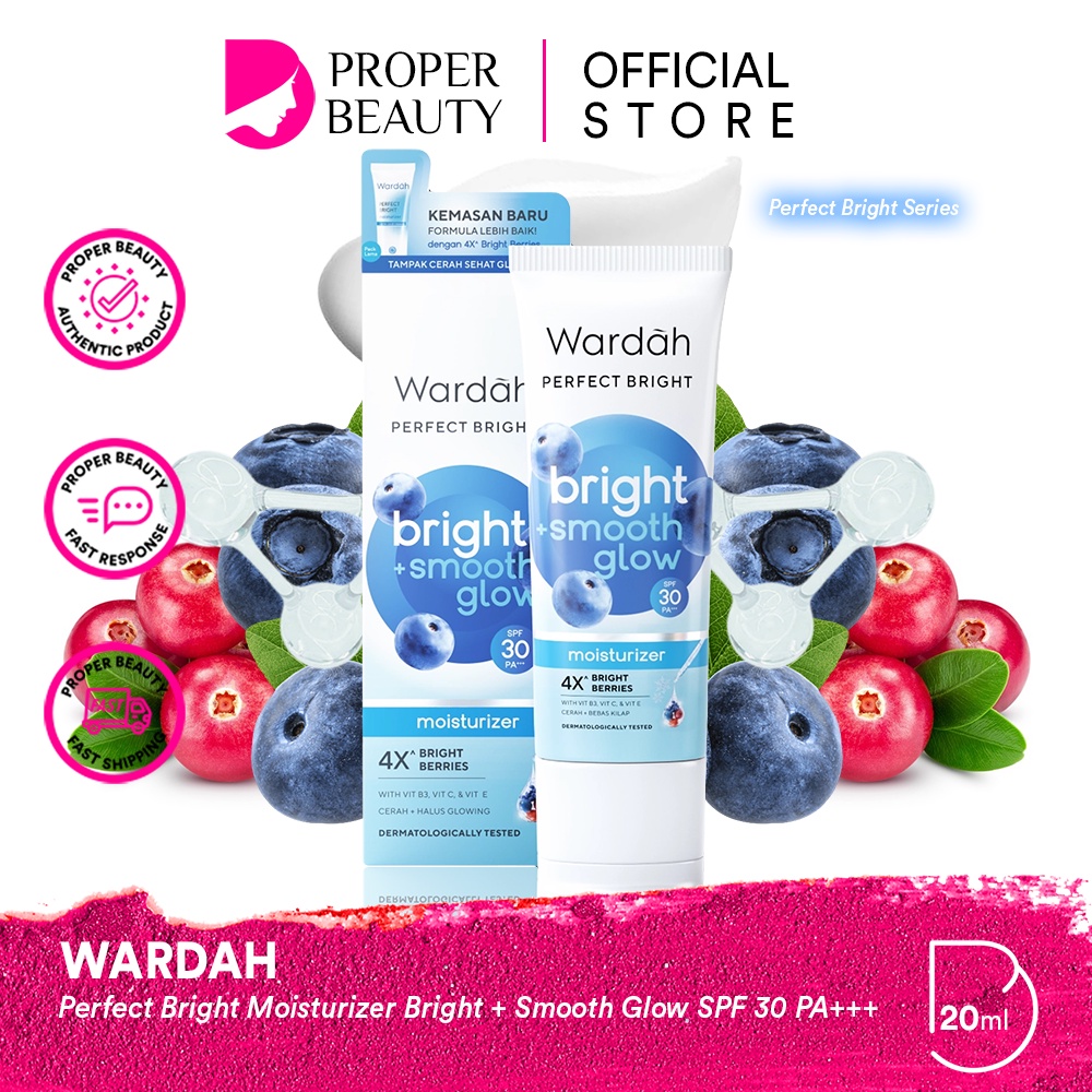 WARDAH Perfect Bright Moisturizer Bright + Smooth Glow SPF 30 PA+++ Indonesia / Pelembab Wajah 20ml / 4X Bright Berries / With Vit B3 C E / Cerah + Bebas Kilap / Skincare Face Care Series / Facial Cream Melembabkan Berminyak Halus Sunscreen Sinar Matahari