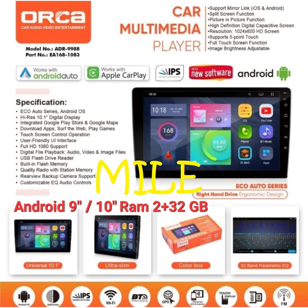 HEADUNIT ANDROID 9 / 10 INCH ORCA ADR-9988 ECO AUTO SERIES RAM 2+32GB