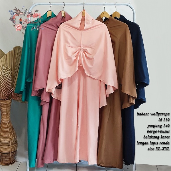 Gamis Syari Wanita Muslimah Long Dress Bahan Wollycrepe Polos Set Muslim Gamis Bergo Wanita Variasi Renda Di Bagian Lengan Kekinian Busui Friendly