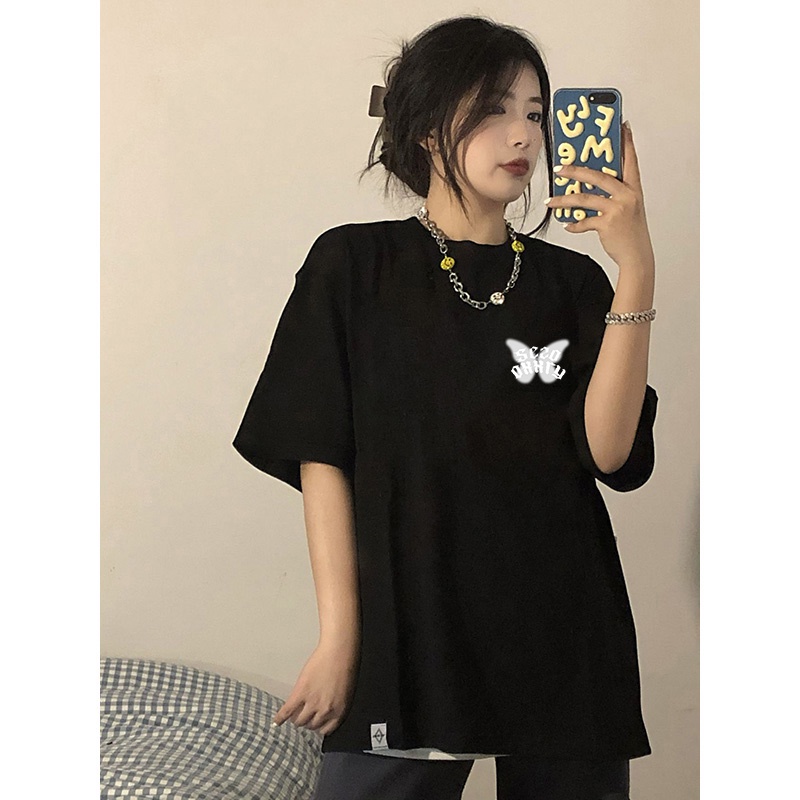 american retro butterfly print T-shirt import lengan pendek oversize kaos hitam ootd