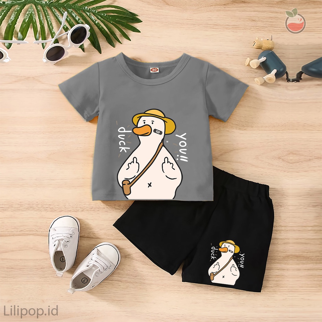 Baju Anak Stelan Kaos 3/4  BEBEK DUCK Cowok Cewek  Usia 1 - 4 Tahun Celana Pendek Harian