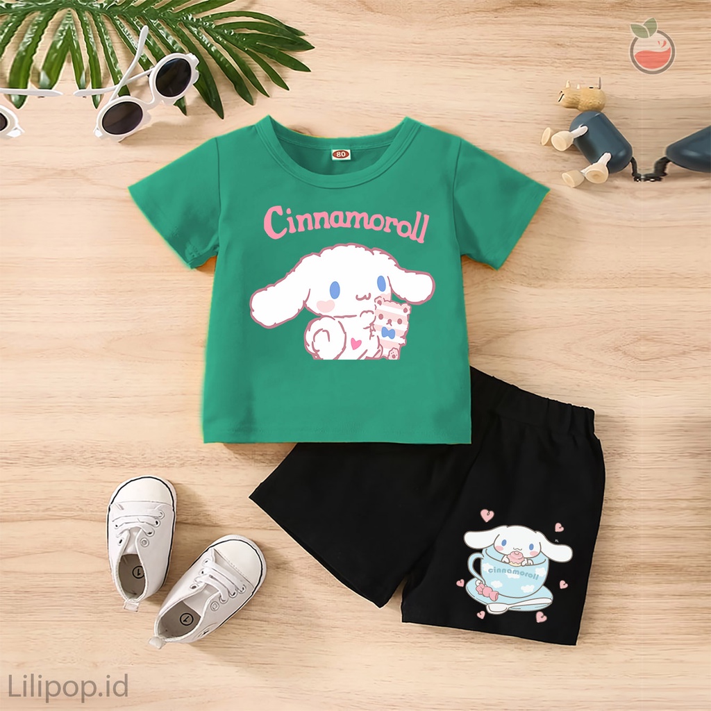 Baju Anak Stelan Kaos 3/4  CINNAMOROLL Cowok Cewek  Usia 1 - 4 Tahun Celana Pendek Harian