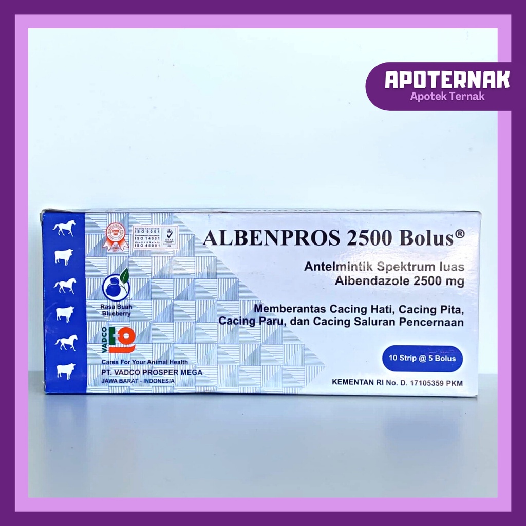 ALBENPROS 2500 Bolus 1 Box | Obat Cacing Spektrum Luas Untuk Sapi Kuda | Cacing Hati, Cacing Pita, Cacing Paru, dan Cacing Saluran Pencernaan | VADCO | Apoternak