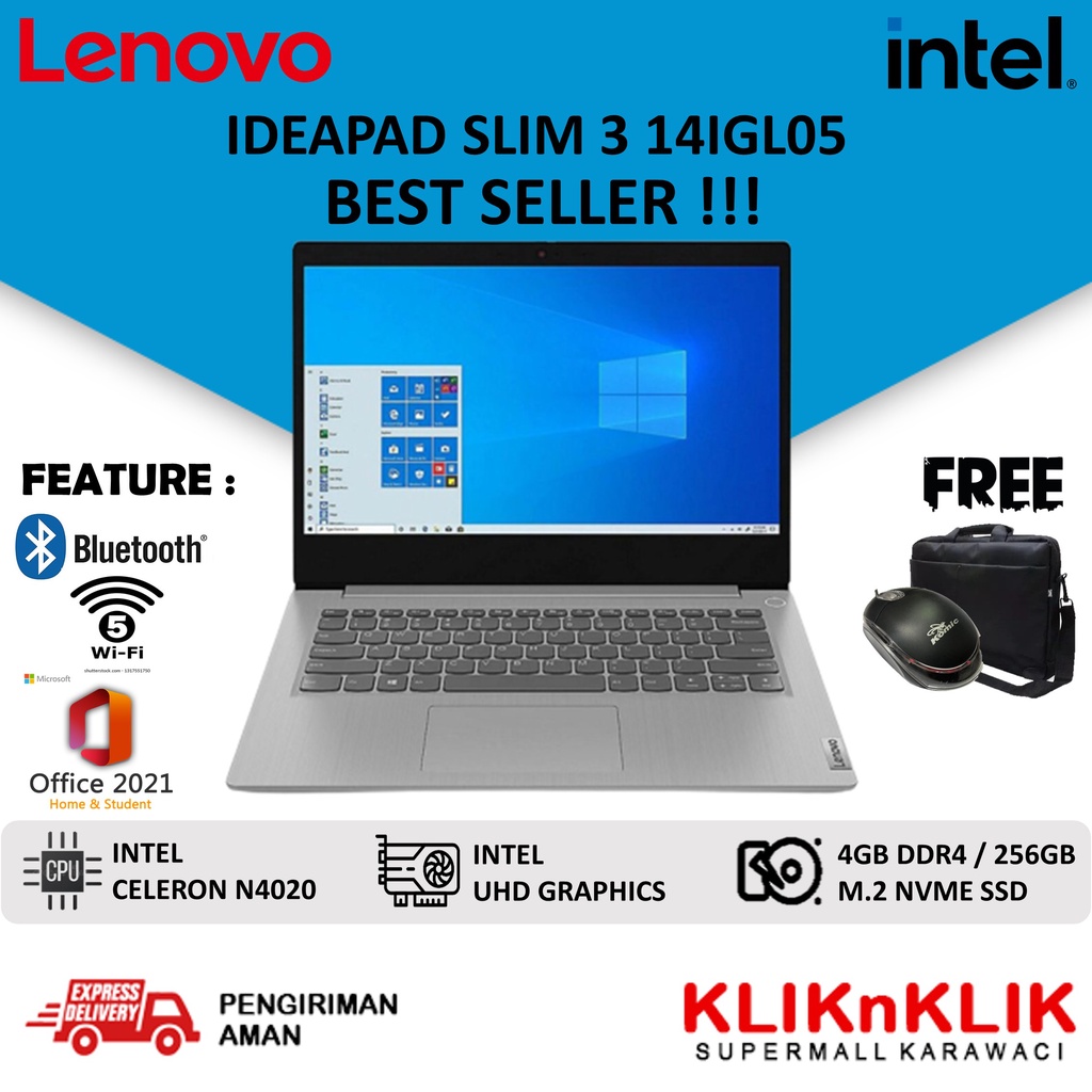 LENOVO IDEAPAD SLIM 3 14IGL INTEL N4020 4GB 256GB SSD 14 FHD WIN10 OFFICE HOME STUDENT