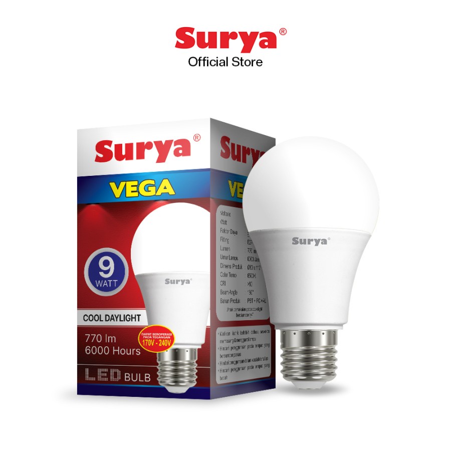 LAMPU LED BULB 9W 9 WATT W E27 SUPER TERANG GARANSI 1 TAHUN SURYA VEGA