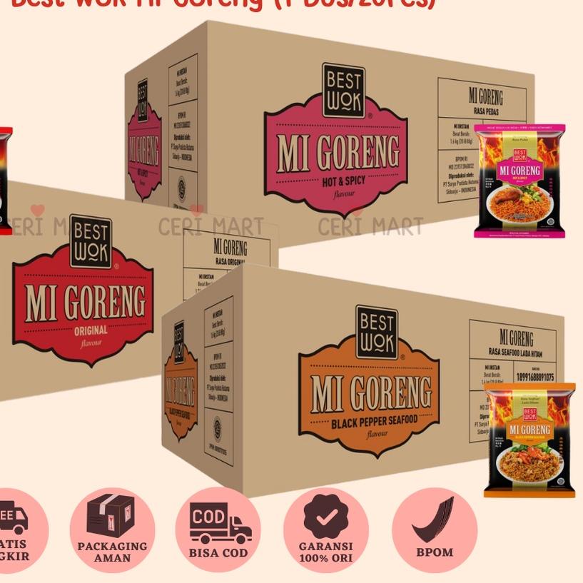 

☺ Best Wok Mi Mie Goreng 1 DUS 20 pcs Bisa Mix Original Hot & Spicy Blackpepper Black Pepper Seafood Instant Noodle 85gr BestWok KKV Indomie ➮
