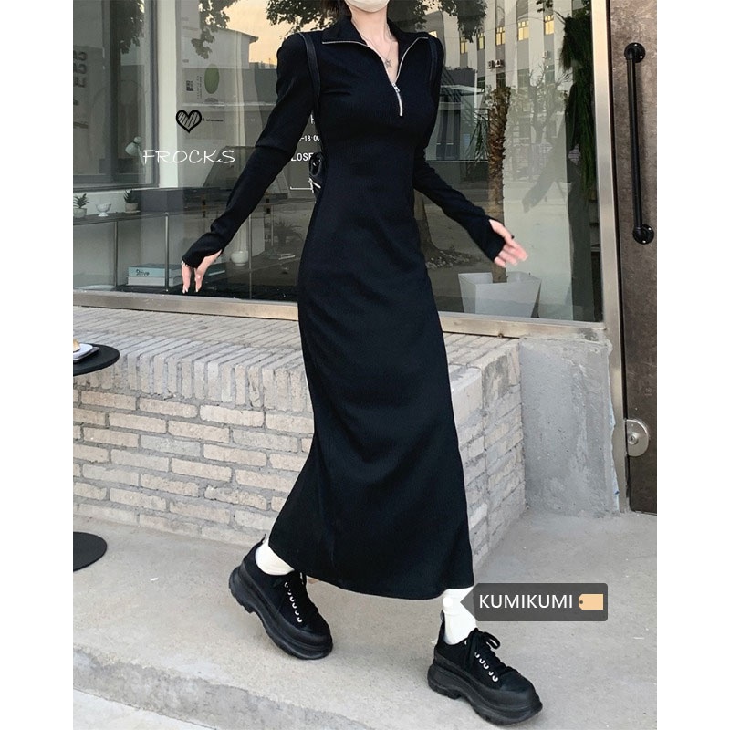 Red kumikumi black slim half zipper knitted dress women s awal musim semi waist bottoming skirt slit long skirt