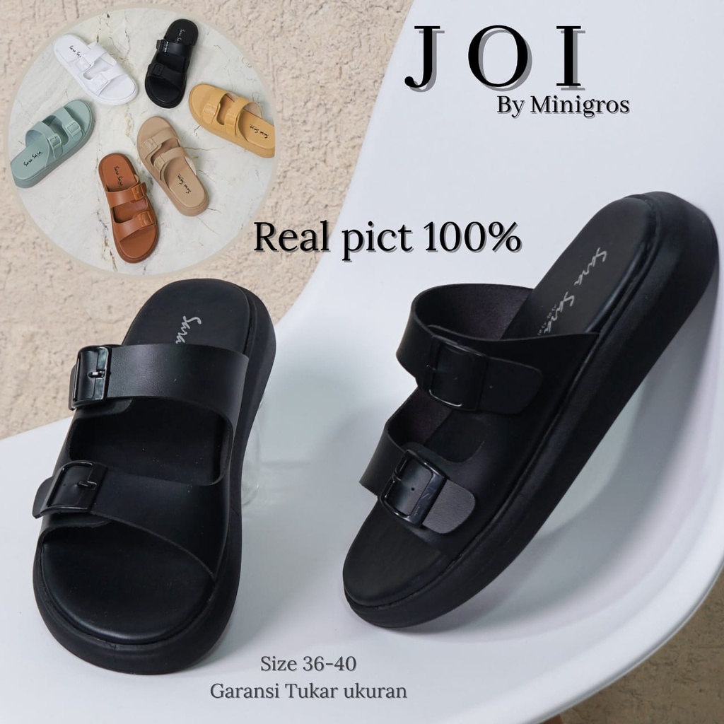 Sara Sara JOI Sandal Slop Wanita Kekinian Sendal Flat Casual Cewek Ban Dua Gesper Terbaru