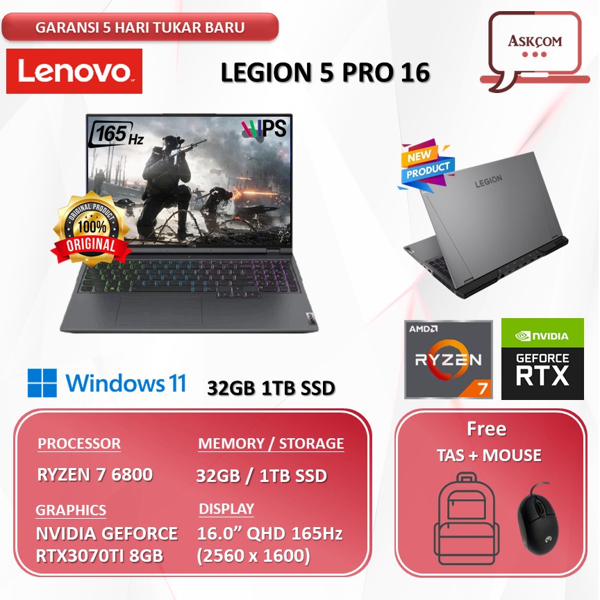 Laptop Gaming Lenovo Legion 5 PRO 16 RTX3070 8GB RYZEN 7 6800 32GB 1TBSSD W11 16.0QHD IPS 165HZ