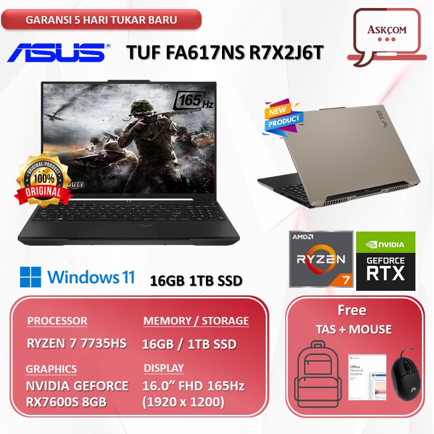 Laptop Gaming ASUS TUF FA617NS R7X2J6T-O RX7600S 8GB/ RYZEN 7 7735HS 16GB 512GB SSD W11 OHS 16.0FHD 165HZ