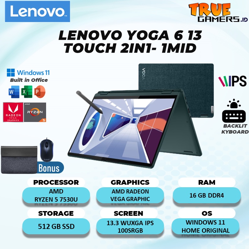 Laptop Lenovo Yoga 6 13 2in1 Amd Ryzen 5 7530U RAM 16GB 512SSD VEGA7 13.3 WUXGA IPS 100SRGB PEN