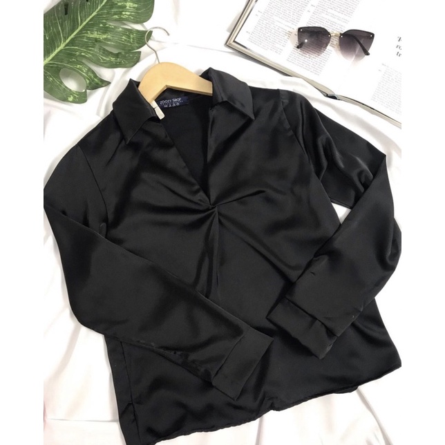 CH03 CHARCOAL PANNACOTA - Silk top kemeja satin silk wanita/cewek lengan panjang