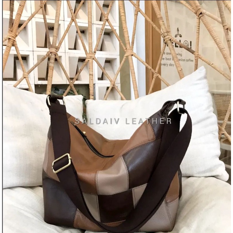 [SIZE LARGE] Hobo Patchwork | Tas Kulit Asli Selempang Wanita | Tas Bahu Wanita | Tas Pesta | Tas Ku