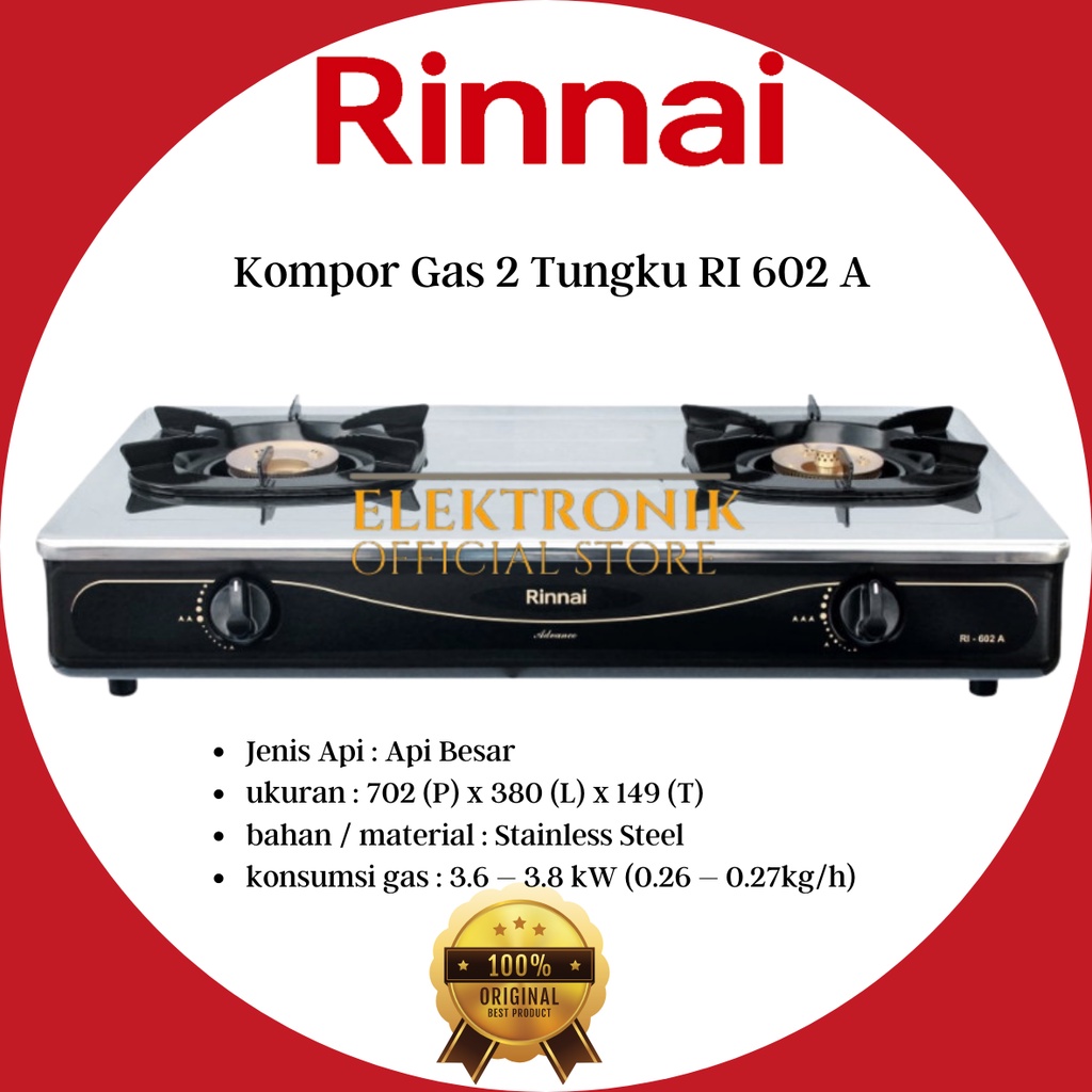 RINNAI KOMPOR GAS 2 TUNGKU RI 602 A KOMPOR RINNAI/RI 602A / RI-602A / RI 602 A / RI602 A /KOMPOR GAS
