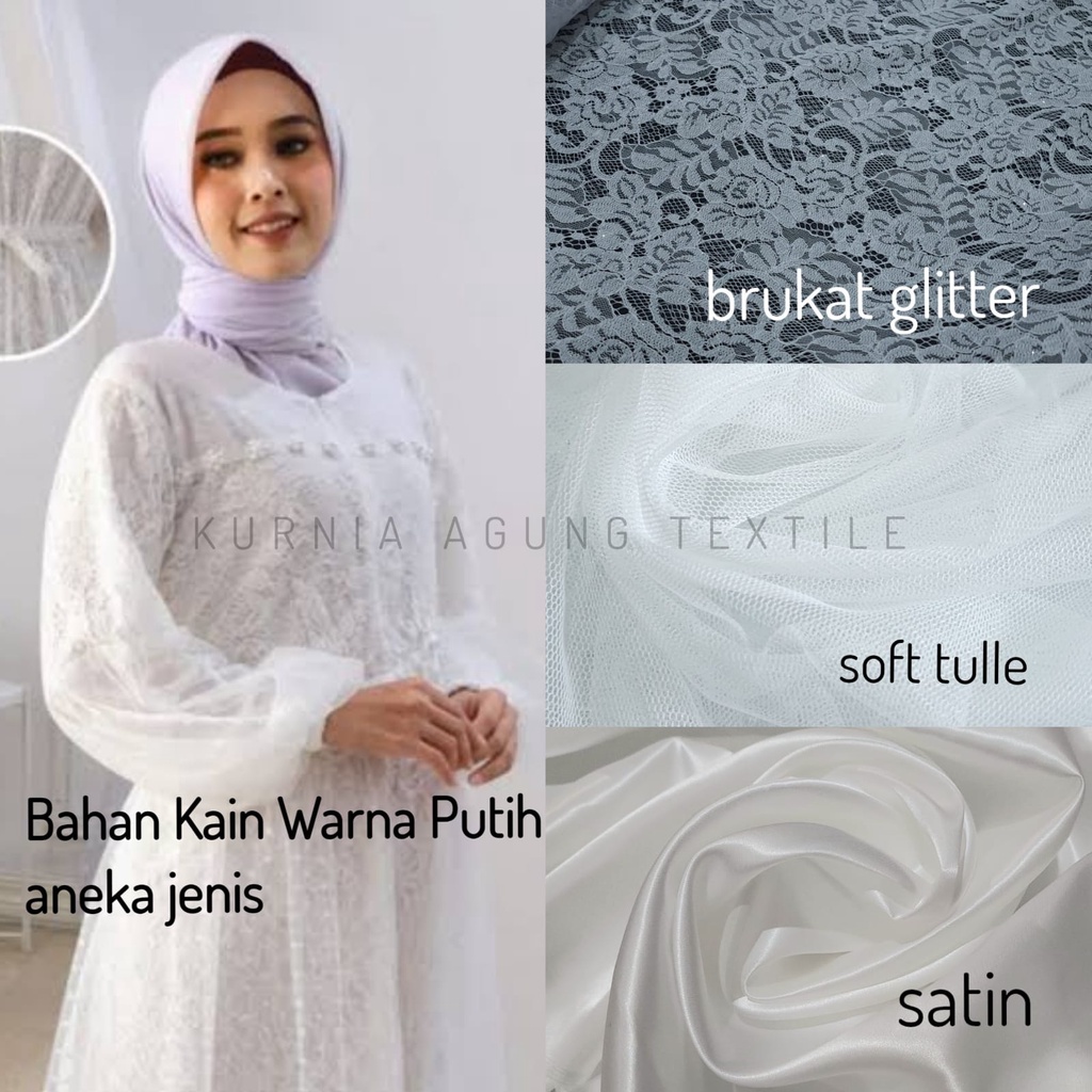 Kain Bahan Warna Putih Brokat Glitter Tile Tulle Glitter Satin England Peles Kain Tile Polos Bahan G