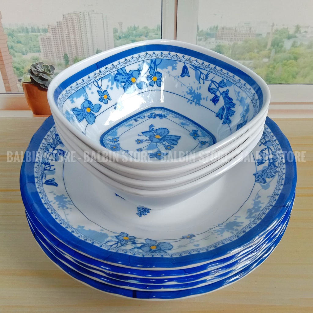 PROMO SATU SET PERALATAN MAKAN BAHAN MELAMINE 6 PCS  ISI PIRING MAKAN MOTIF BLUE ROSE 9.INC DAN MANGKUK MOTIF BLUE ROSE 6.INC Food Grade