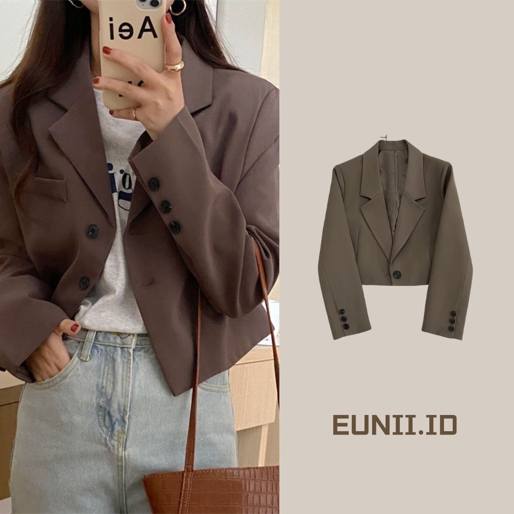 EUNII Blezer Wanita Lengan Panjang Crop Top Terbaru Korean Style