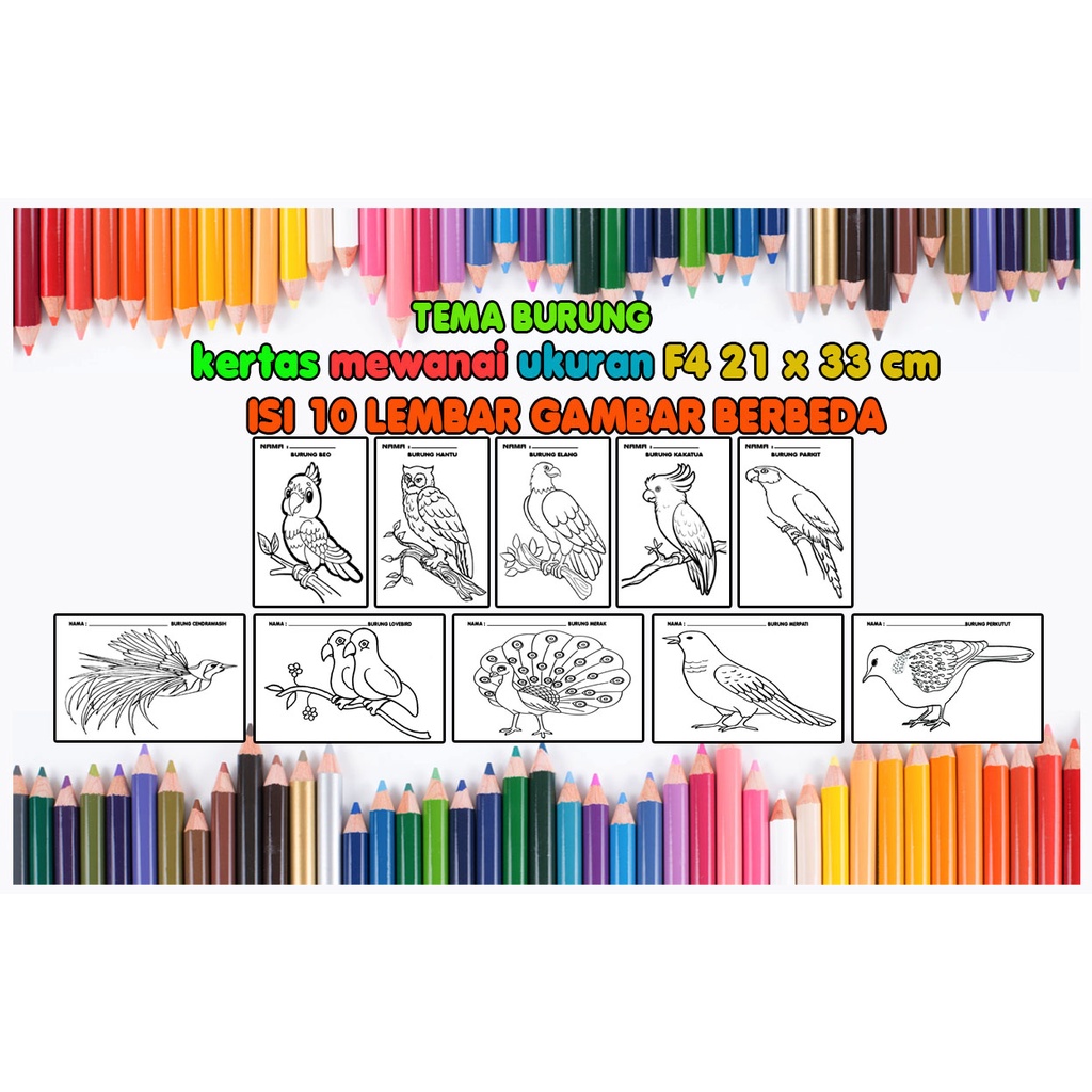

Kertas mewarnai Hvs uk F4 isi 10 pcs tema burung