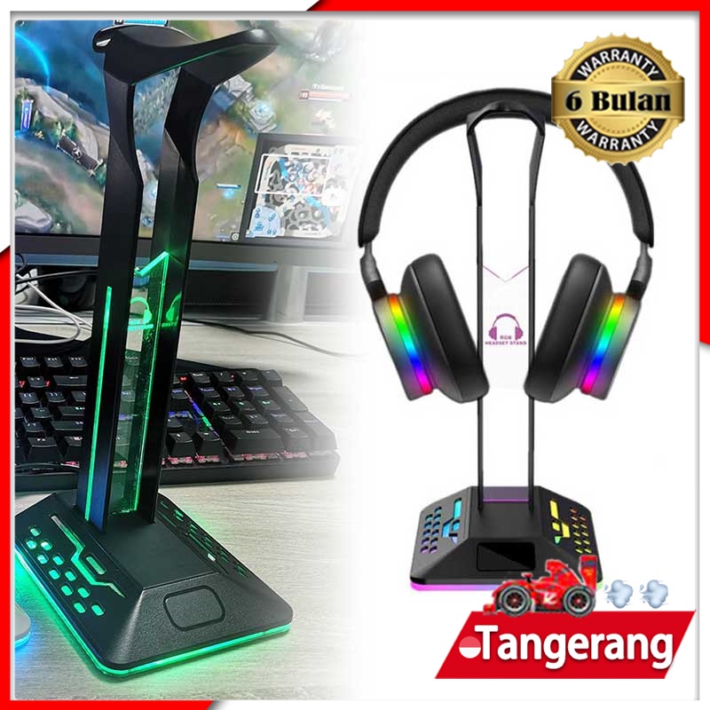 Gaming Headphone Stand Holder LED RGB 2 USB HUB Portable Gantungan Headset Multi-Color Flowing Light &amp; Single-Color Breathing Light Rechargable Earphone Hanger Bracket Phone Holder