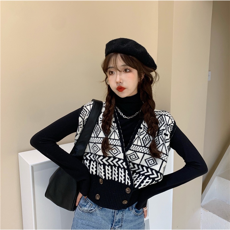 EUNII Rompi Rajut Wanita Retro V-Neck Crop Top Lengan Sweater Korean Style