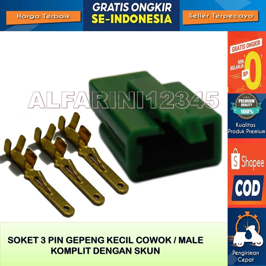 Soket Kabel Gepeng 3 Pin kecil Cowok Male Original Komplit Dengan Skun Warna Hijau Bahan Nylon Tahan