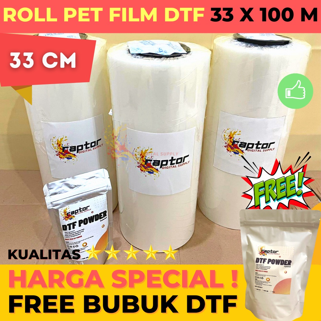 

PET FILM DTF ROLL 33cm x 100m Glossy Premium Quality dgn Tinta DTF powder