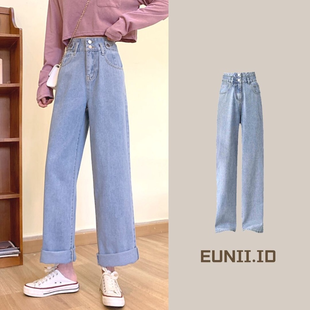 EUNII Celana Panjang Jeans Wanita Boyfriend Loose High Waist Korean Style Jeans