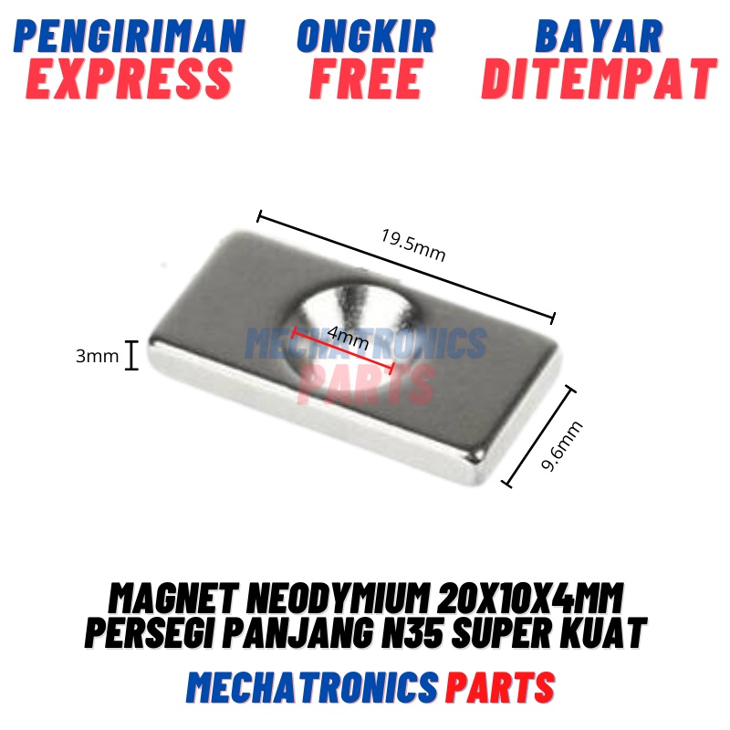 Magnet Neodymium 20x10x4mm Persegi Panjang Lubang 4mm N35 Super Kuat