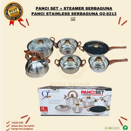 Panci Set Q2 8213 /Panci Set Stainless Steel 13 Pcs Dengan Teko Stainless / alat masak lengkap / pan