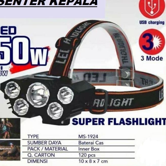Terlaris Senter Kepala 50 Watt 5 Led Rechargerable 3 Mode Cahaya